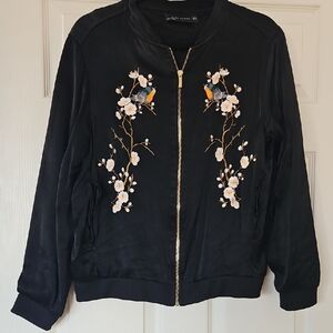 Zara Black Bomber Jacket with Floral Embroidery
